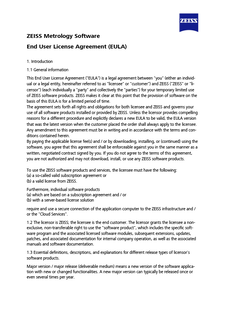 แสดงภาพตัวอย่างของ ZEISS Metrology Software End User License Agreement (EULA)